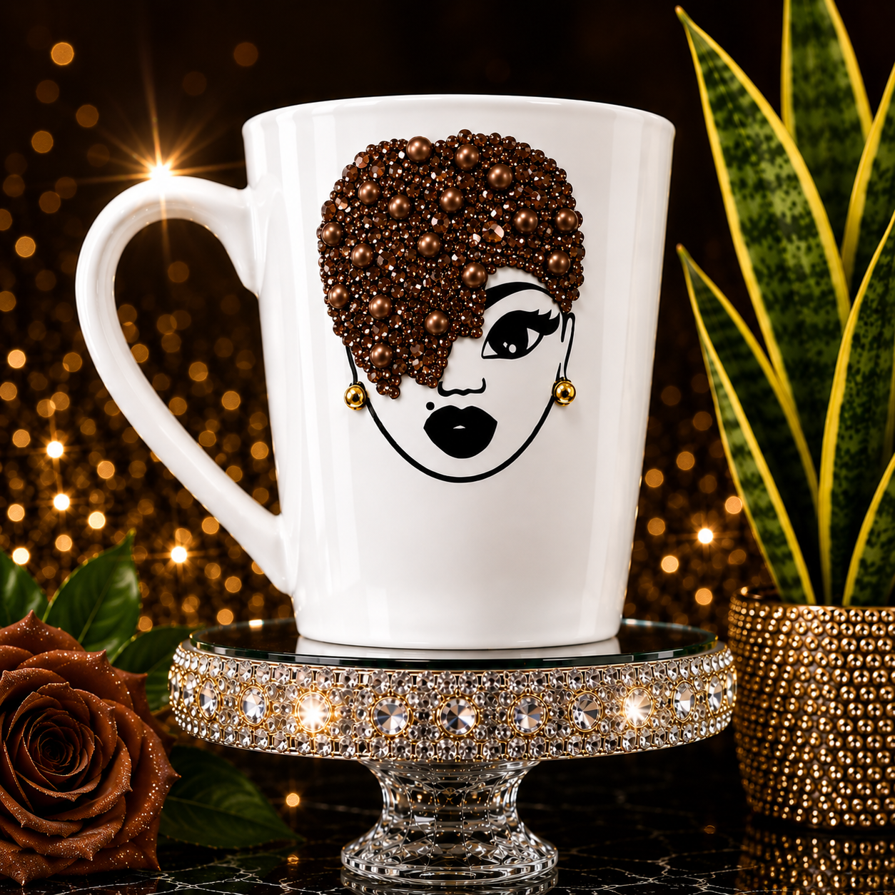 Pink Bling Afro Queen Coffee Mug – Rhinestone Diva Mug – Glam Black Girl Coffee Cup – Unique Dezigns Gift for Her