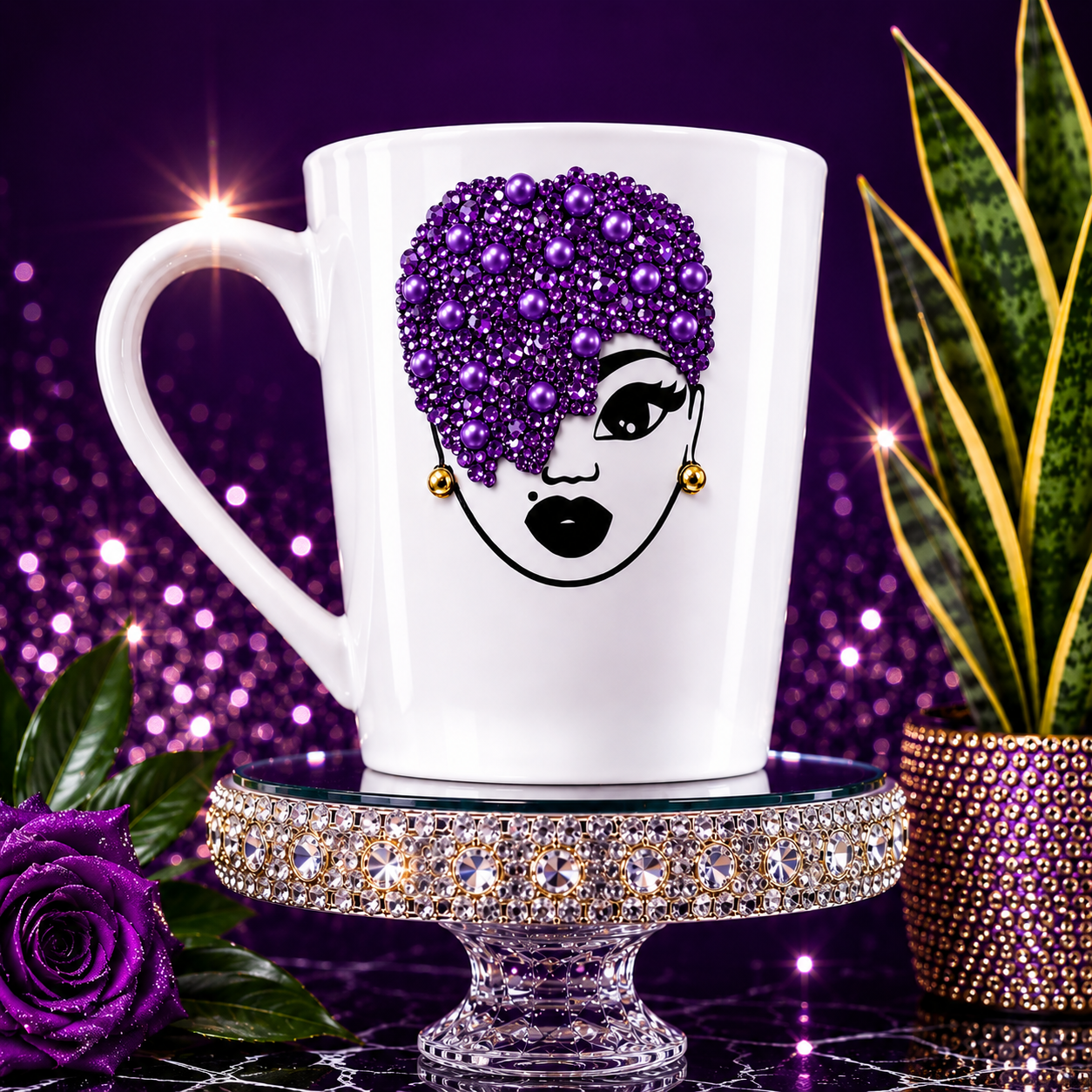Pink Bling Afro Queen Coffee Mug – Rhinestone Diva Mug – Glam Black Girl Coffee Cup – Unique Dezigns Gift for Her