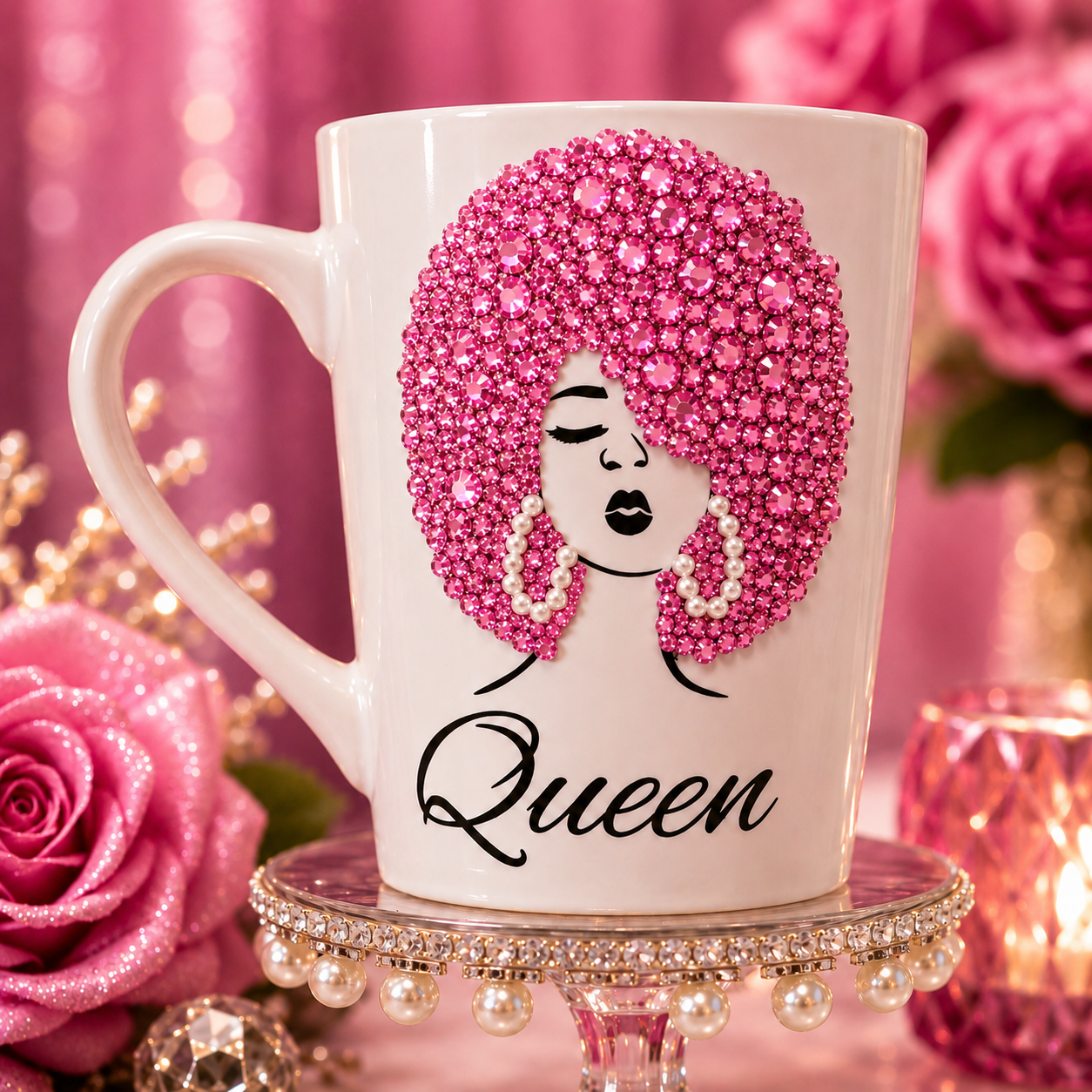 Bling Afro Queen Coffee Mug Rhinestone Diva Mug Glam Black Girl Coffee Cup Gift for Her