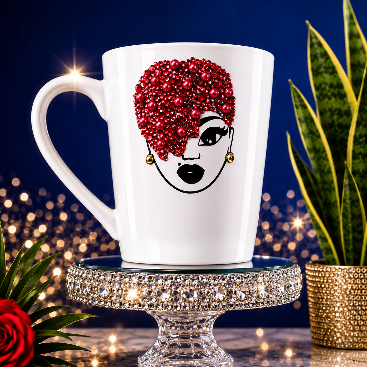 Pink Bling Afro Queen Coffee Mug – Rhinestone Diva Mug – Glam Black Girl Coffee Cup – Unique Dezigns Gift for Her