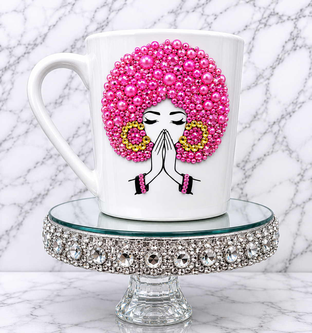 Rhinestone Prayer Queen Coffee Mug | Bling Afro Diva Mug | Inspirational Gift for Her