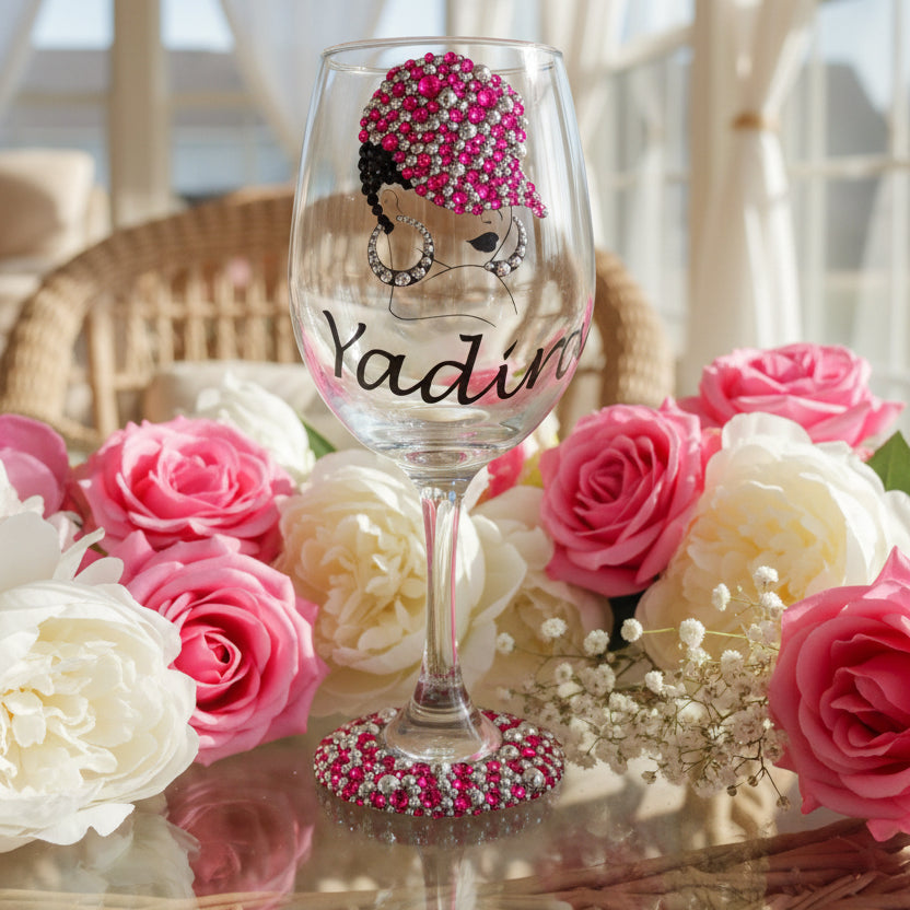 Bling Wine Glass with Church Hat Lady | Unique Dezigns