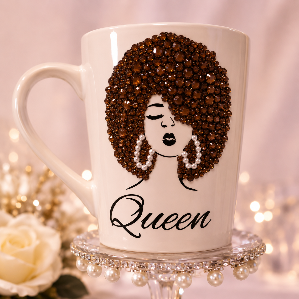 Bling Afro Queen Coffee Mug Rhinestone Diva Mug Glam Black Girl Coffee Cup Gift for Her
