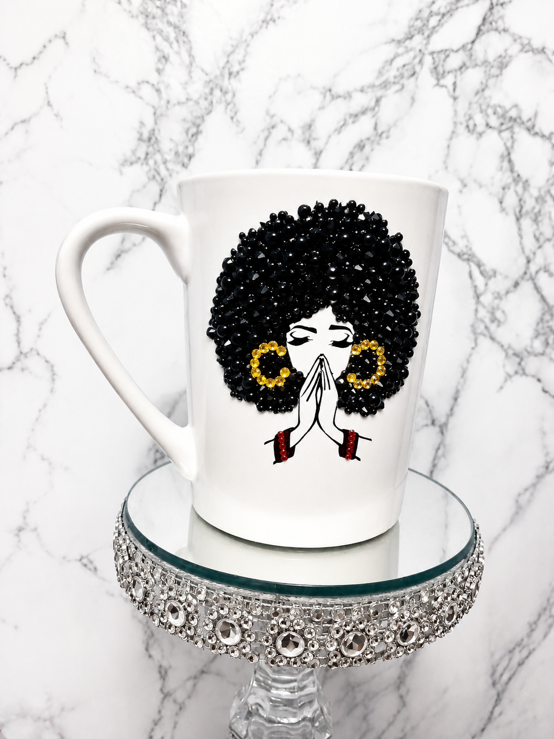 Rhinestone Prayer Queen Coffee Mug | Bling Afro Diva Mug | Inspirational Gift for Her